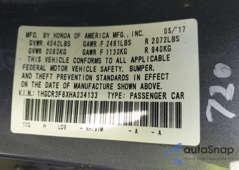 2017 Honda Accord Ex-L V6 z USA, uszkodzony, nr VIN 1HGCR3F8XHA034133